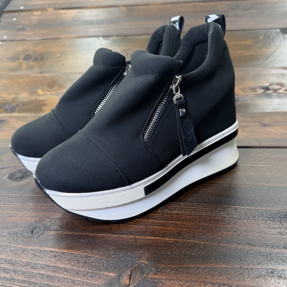 Platform Hidden-Wedge Black Slip-On Sneakers with Side Zip